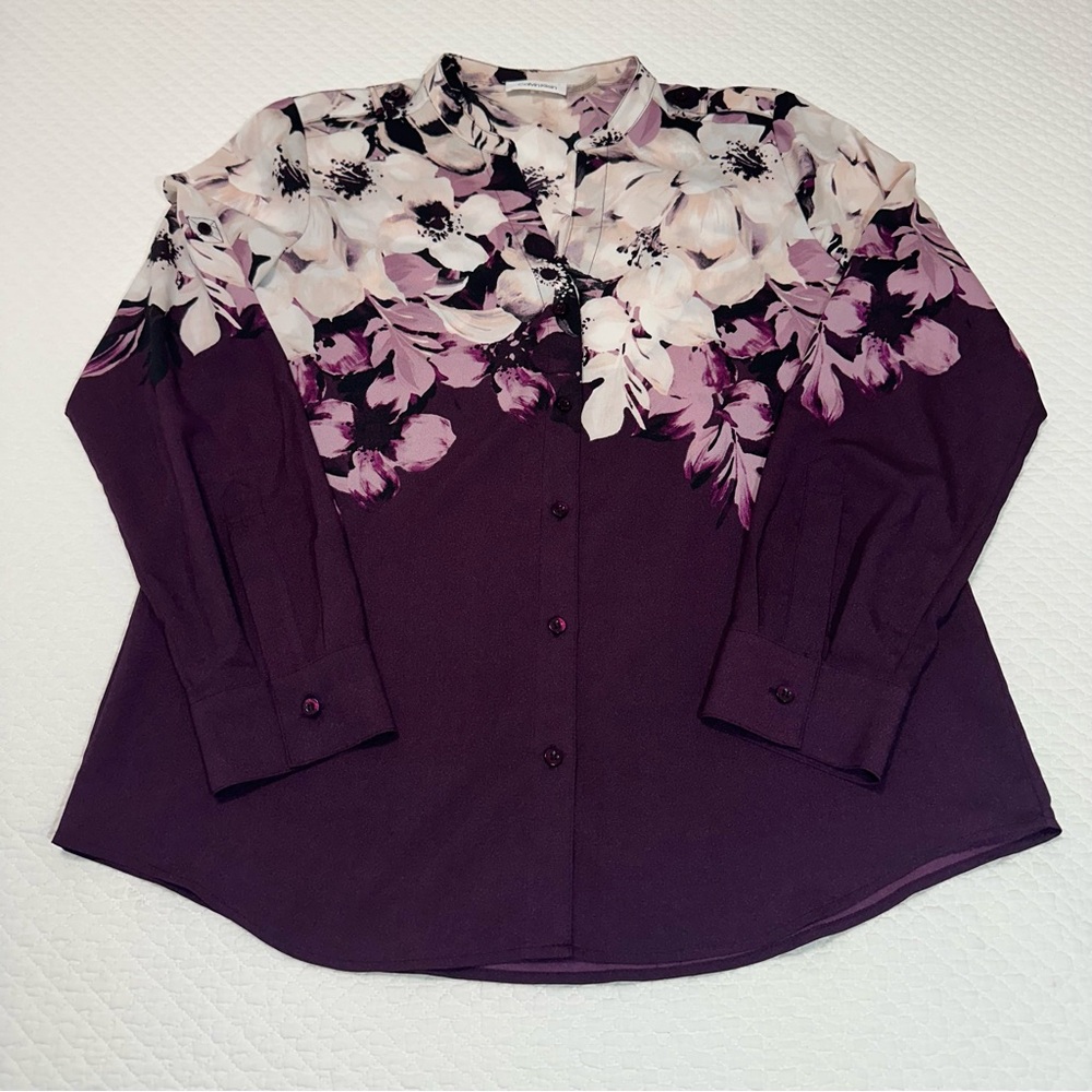 Calvin Klein Cream and Purple button Up Blouse Sz M